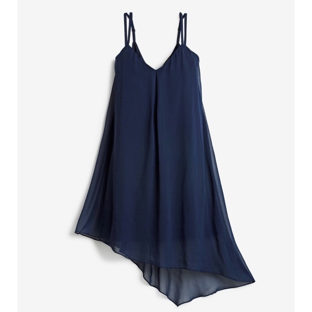 White House Black Market Asymmetric Chiffon Midi Dress Medium Navy Blue Size 8